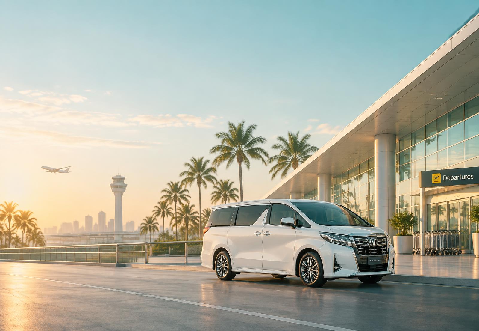 A white transfer minivan waiting outside an airport terminal at sunrise