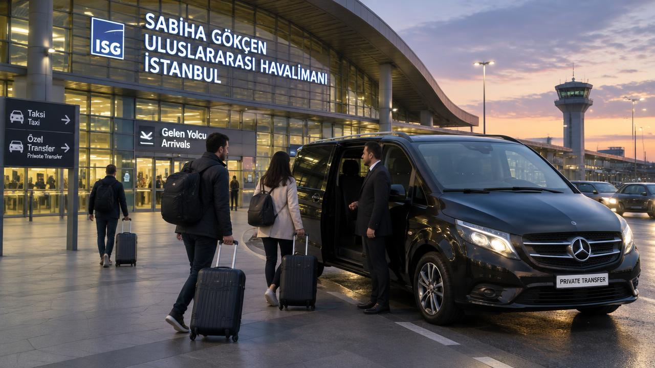 Prywatny van transferowy przy wyjściu z hali przylotów na lotnisku Sabiha Gökçen wieczorem, z pasażerami i walizkami